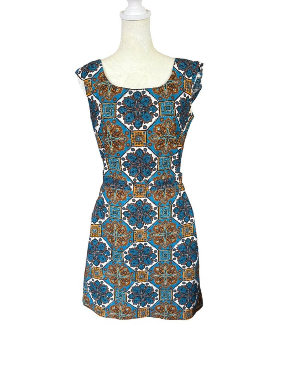 Women's blue patterned belted A-line knee length zip back dress ruffle neckline